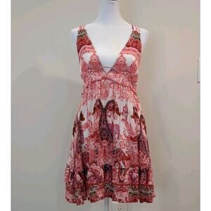 Free People Boho Paisley Mini Dress Red Cream Empire Waist V-Neck Swing XS